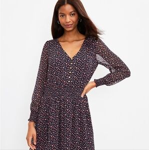 LOFT Ladybug Smocked Button Front Peasant Dress Navy Small